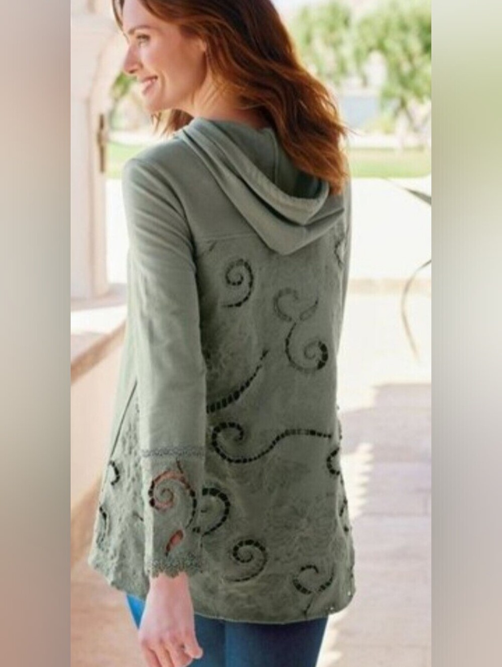 Soft Surroundings Olive Green Hooded Pullover with Cutwork Embroidery XS - Picture 2 of 10
